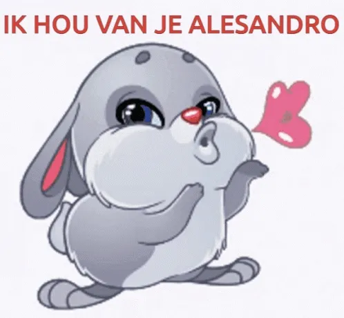 Schattig konijn blaast een hartje met de tekst "Ik hou van je Alessandro".