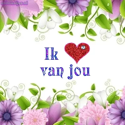 Decoratieve achtergrond met bloemen en de tekst "Ik van jou" in kleurrijke letters.