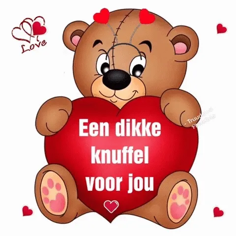 Een schattige teddybeer met een hart en de tekst "Een dikke knuffel voor jou".