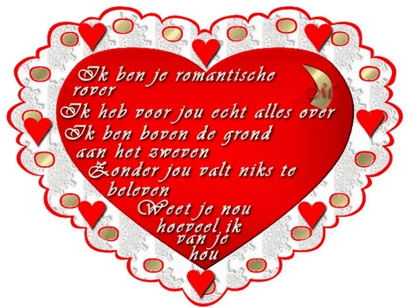 Hartvormige afbeelding met romantische tekst en rode harten rondom.