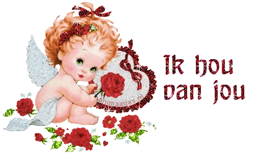 Een schattige engelachtige baby met een roos en muzikaal thema.