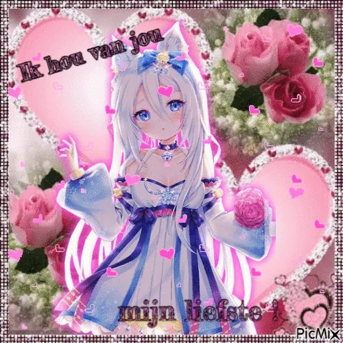Anime-meisje met bloemen en hartjes, tekst "Ik hou van jou, mijn liefste".