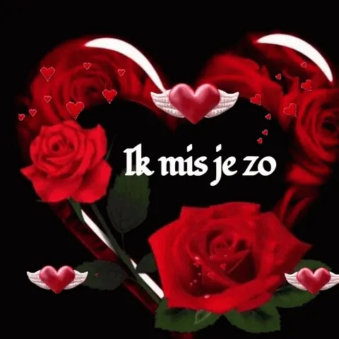 Rood hart met rozen en tekst "Ik mis je zo" in een liefdevolle opstelling.