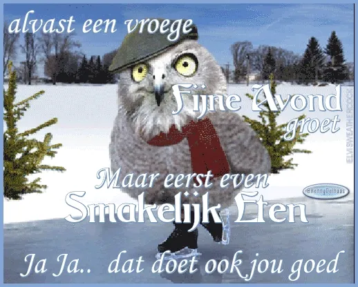 Een uil met een hoed en sjaal in een winterlandschap, groet en spreekt over eten.