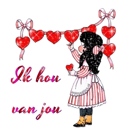 Een meisje in een schort hangt hartjes op met de tekst "Ik hou van jou."