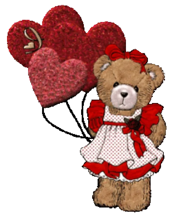 Een schattige teddybeer in een jurk met hartjes op de achtergrond.