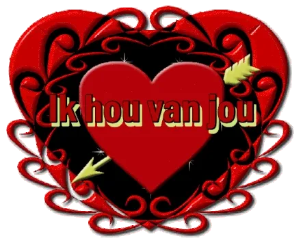 Rood hart versierd met krullen en de tekst 'Ik hou van jou'.