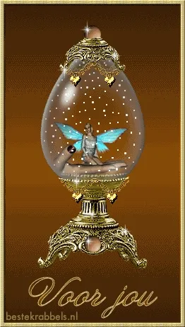 Een glazen ei met een fee en sprankels in een gouden lijst, met de tekst "Voor jou".