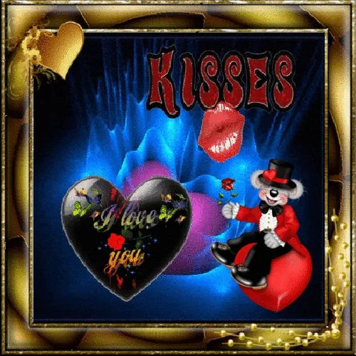 Een clown met een hart en de teksten "KISSES" en "I love you". Kleurvolle achtergrond.