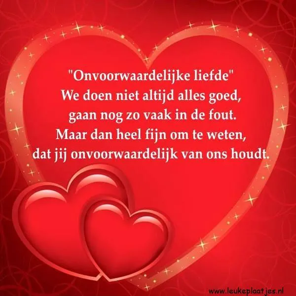 Twee harten met een tekst over onvoorwaardelijke liefde in een rode achtergrond.