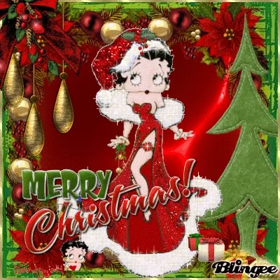 ᐅ kerst gif whatsapp - Kerst plaatjes Betty Boop in een kerstoutfit met versieringen en een kerstboom.