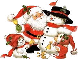 Kerstman omarmt een sneeuwman, omringd door kinderen en kerstdecoraties.