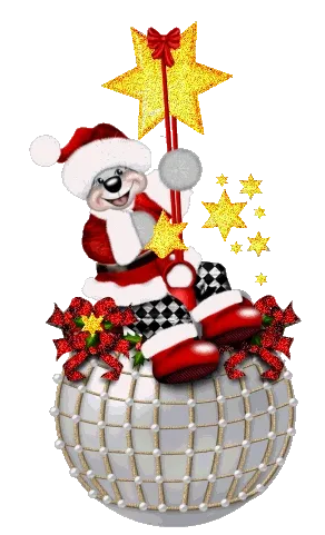 Een vrolijke kerstman zit op een glanzende bal met sterren en bloemen.