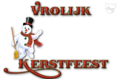 Een sneeuwpop in een hoed met de tekst "Vrolijk Kerstfeest".