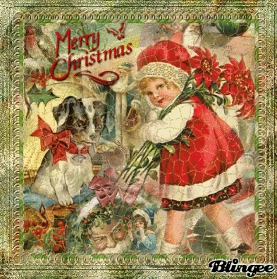 Een kerstkind met een hond, omringd door bloemen en kerstdecoraties.