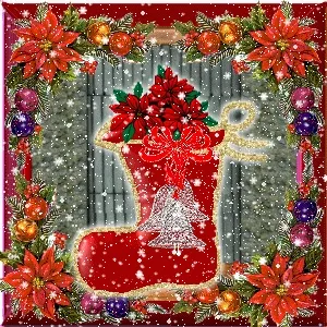 Kerstsok versierd met bloemen en sterren, omringd door sneeuwvlokken.