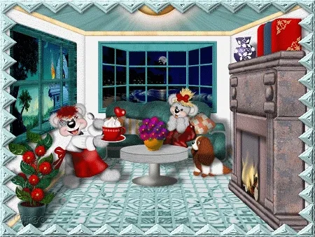 Twee schattige beren in een gezellige woonkamer bij een open haard. bloemen en ramen.