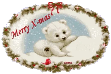 Witte beer speelt in de sneeuw met kerstgroen en de tekst "Merry X-mas".