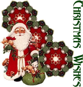 Een kerstman met gifts en een wens voor kerst, omringd door decoratieve rozetten.