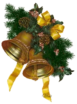 ᐅ kerstmis foto - Kerst plaatjes Twee gouden klokken versierd met dennenappels en groene takken.