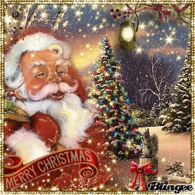 ᐅ kerstmis foto - Kerst plaatjes Kerstman met een versierde boom in een winterlandschap, omringd door sneeuw.