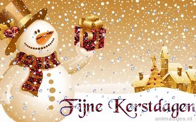 ᐅ kerstmis foto - Kerst plaatjes Sneeuwpop met cadeau en feestelijke achtergrond, tekst: Fijne Kerstdagen.