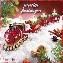 ᐅ kerstmis foto - Kerst plaatjes Kersttrein met cadeautjes in sneeuw, versierd met kerststerretjes.