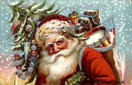 ᐅ kerstmis foto - Kerst plaatjes Oude kerstkaart: kerstman met baard en versieringen in een sneeuwachtig landschap.