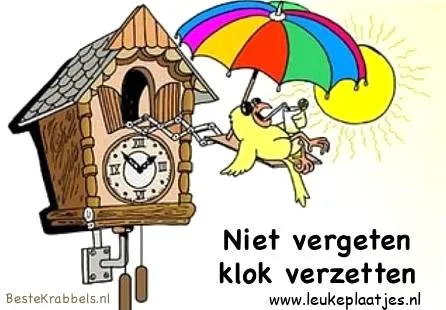 ᐅ klok terug grappig - Wintertijd plaatjes Een gele vogel met een parasol bij een klok die aan een huisje hangt.