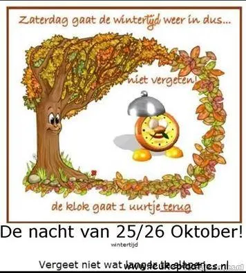 ᐅ klok terug grappig - Wintertijd plaatjes Zomer- naar wintertijd overgangsbericht met klok en herfstboom.