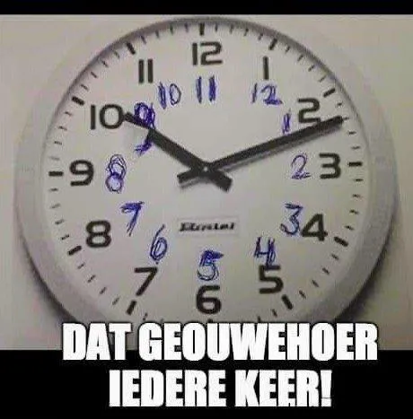 ᐅ klok terug grappig - Wintertijd plaatjes Een klok met cijfers en de tekst "Dat geouwehoer iedere keer!" onderaan.