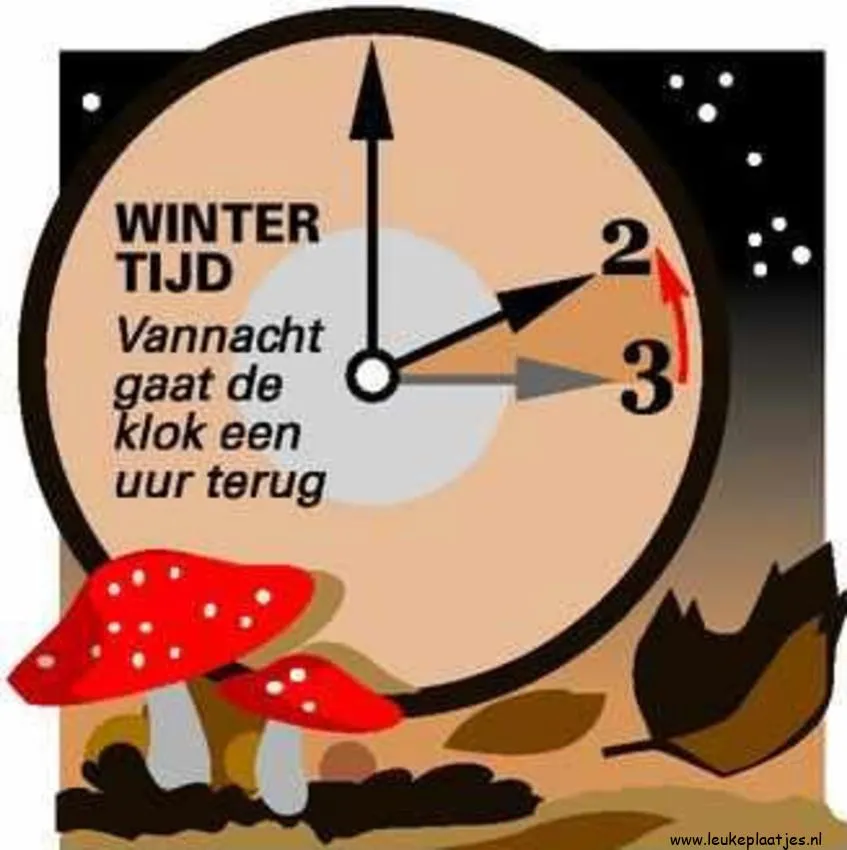 ᐅ klok terug grappig - Wintertijd plaatjes Afbeelding van een klok met de tekst 'Wintertijd' en paddenstoelen op de achtergrond.