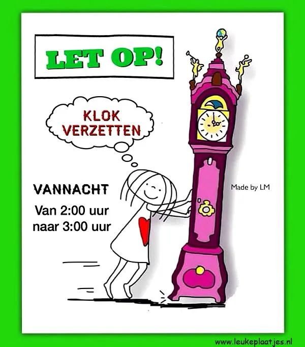 ᐅ klok terug zetten - Wintertijd plaatjes Kind duwt aan een grote klok met de tekst "Klok verzetten" en tijdsaanduidingen.