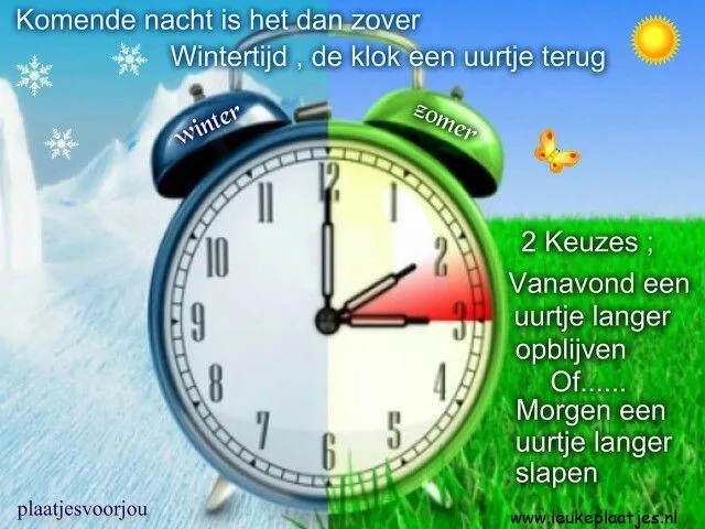 ᐅ klok terug zetten - Wintertijd plaatjes Zomer- en wintertijd met een klok die een uur achteruit gaat. Keuzes voor langer opblijven of slapen.