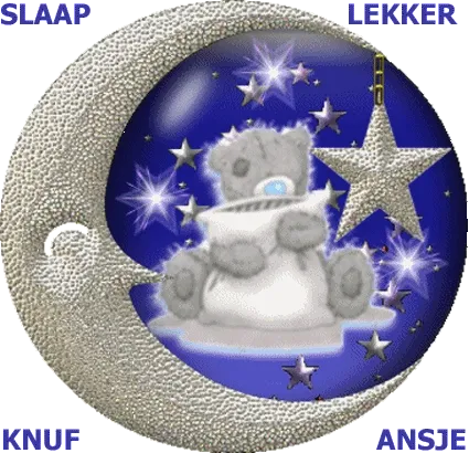 ᐅ knuffel gif whatsapp - Knuffels Plaatjes en Gifs plaatjes Berenknuffel met sterren en maan, tekst: "Slaap lekker, knuf ansje".