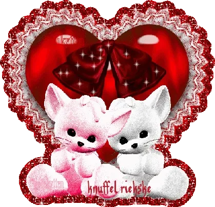 ᐅ knuffel gif whatsapp - Knuffels Plaatjes en Gifs plaatjes Twee schattige teddyberen voor een hart met een strik in een glinsterende achtergrond.