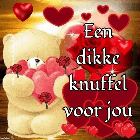 Een teddybeer met hartjes en rozen, met de tekst "Een dikke knuffel voor jou".