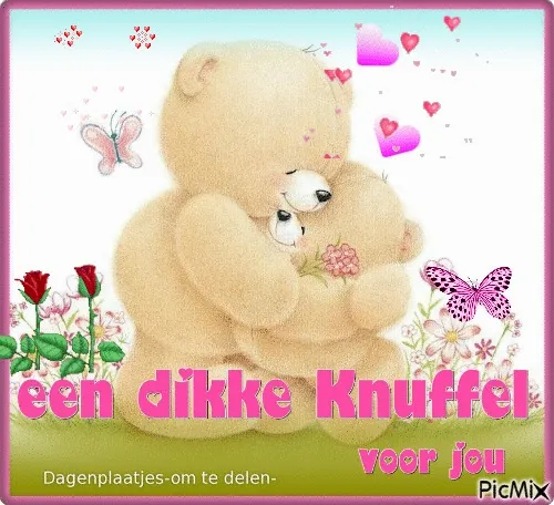 Twee schattige beren omhelzen elkaar met bloemen en hartjes op de achtergrond.