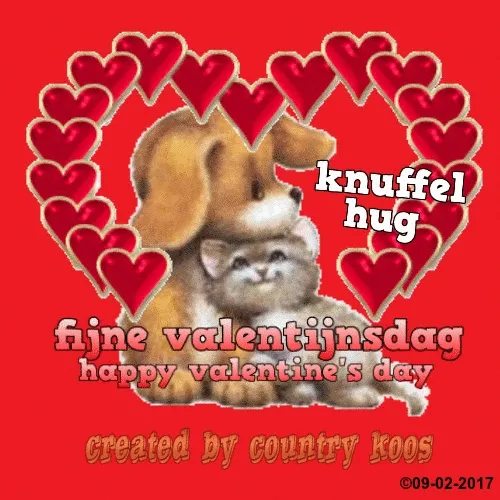 Een schattige hond en kat omringd door harten voor Valentijnsdag.