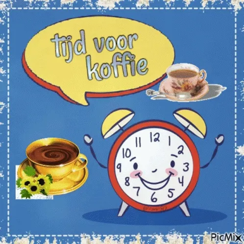 Een klok met een lachend gezicht en de tekst "tijd voor koffie" erop.