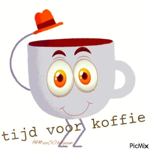 Grijs koffiekopje met grote ogen en hoed, tekst "tijd voor koffie".