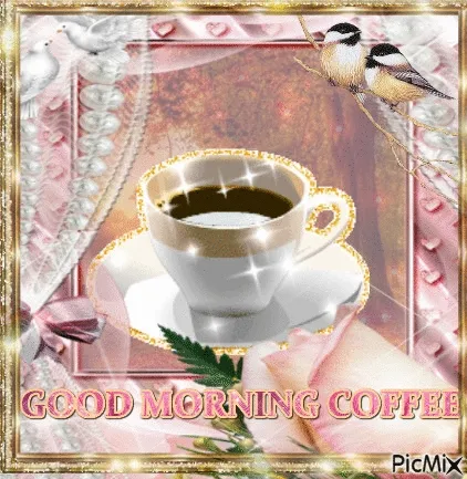 Koffiekopje op een mooie achtergrond met bloemen en vogels, 'Goedemorgen koffie'.