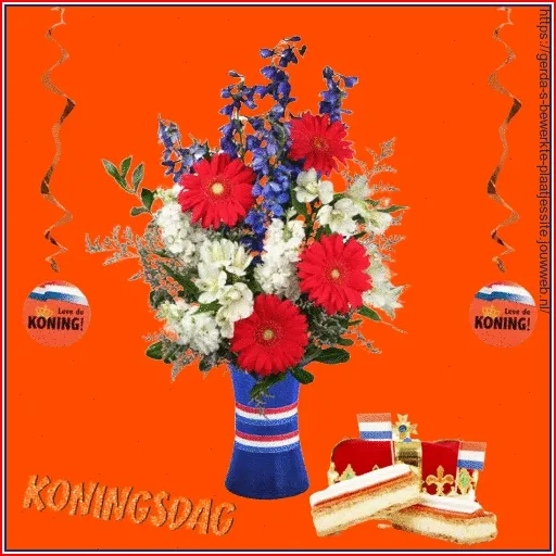 ᐅ koningsdag gif - Koningsdag plaatjes Een kleurrijk boeket met bloemen en oranje decoraties voor Koningsdag.