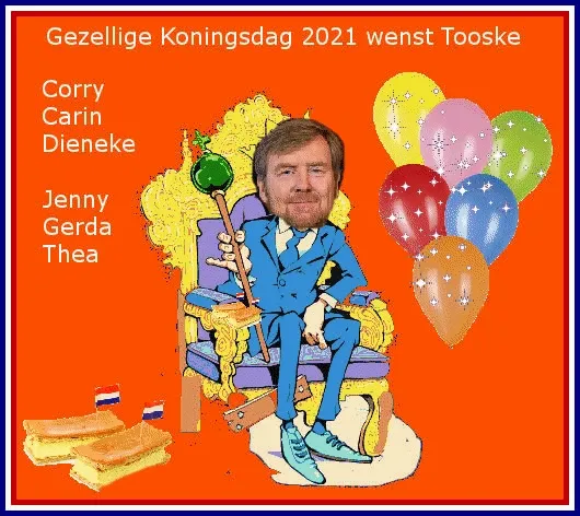 ᐅ koningsdag gif - Koningsdag plaatjes Een kleurrijke illustratie van een man in een stoel met ballonnen en oranje achtergrond.