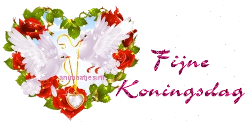 ᐅ koningsdag gif - Koningsdag plaatjes Witte duiven omringd door rozen met de tekst 'Fijne Koningsdag'.