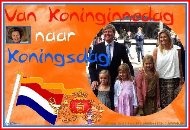 ᐅ koningsdag gif - Koningsdag plaatjes Een kleurrijke afbeelding van Koningsdag met een koninklijke familie en kinderen.