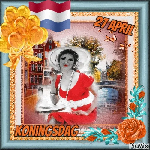 ᐅ koningsdag gif - Koningsdag plaatjes Afbeelding ter viering van Koningsdag met vrouw in rode jurk en Nederlandse vlag.