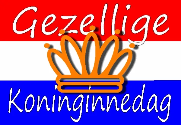 ᐅ koningsdag gif - Koningsdag plaatjes Tekst in vrolijke stijl met oranje kroon voor Koninginnedag, achtergronden in rood, wit, blauw.