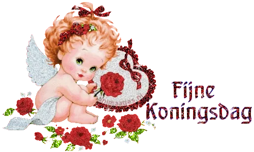 ᐅ koningsdag gif - Koningsdag plaatjes Schattig engeltje met bloemen en de tekst 'Fijne Koningsdag'.