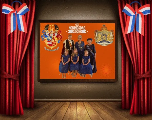 ᐅ koningsdag gif - Koningsdag plaatjes Familieportret met leden van het Koninklijk Huis op Koningsdag 2019. Oranje achtergrond.